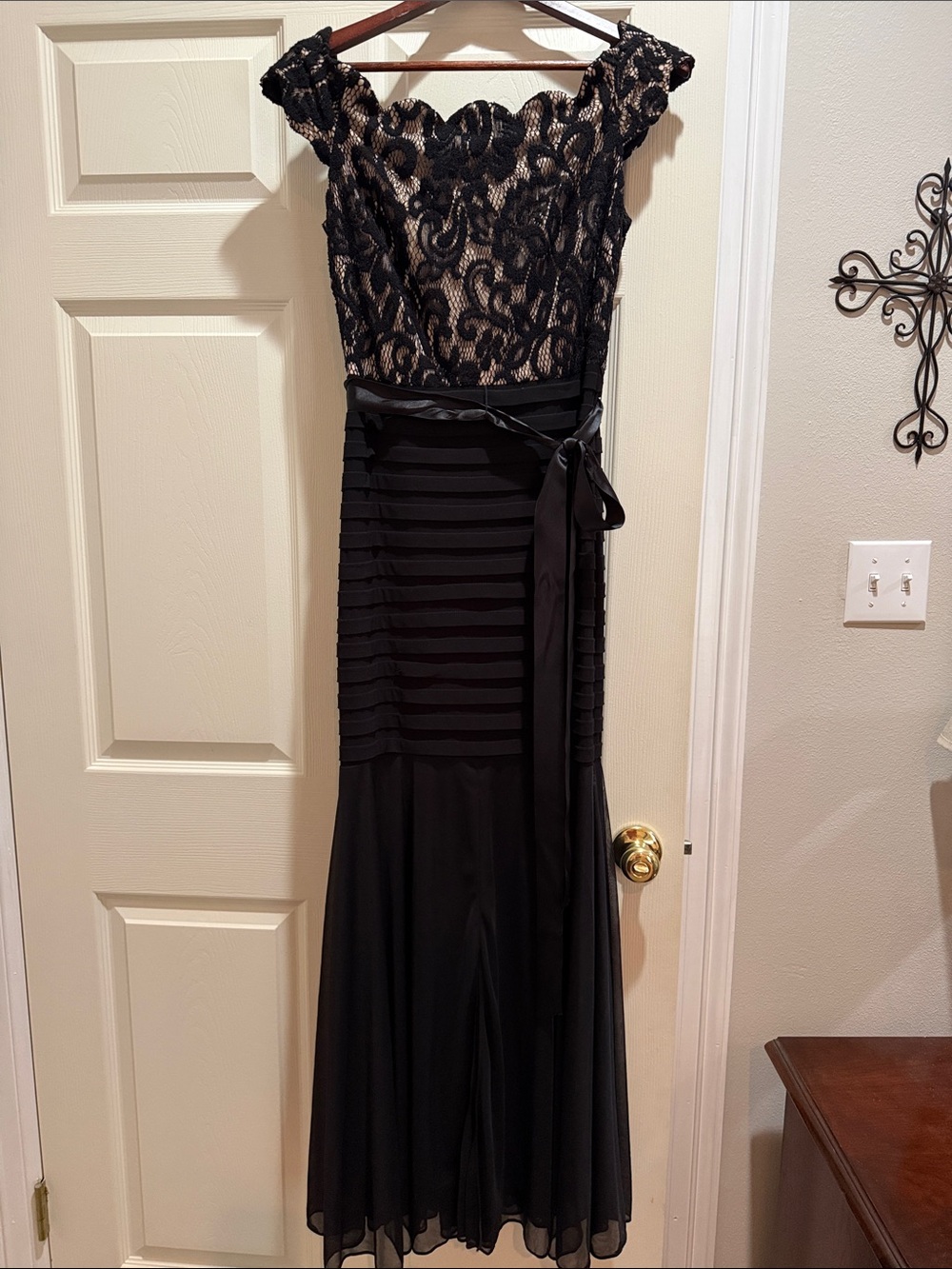 Betsy & Adam Black Lace Overlay Maxi Gown